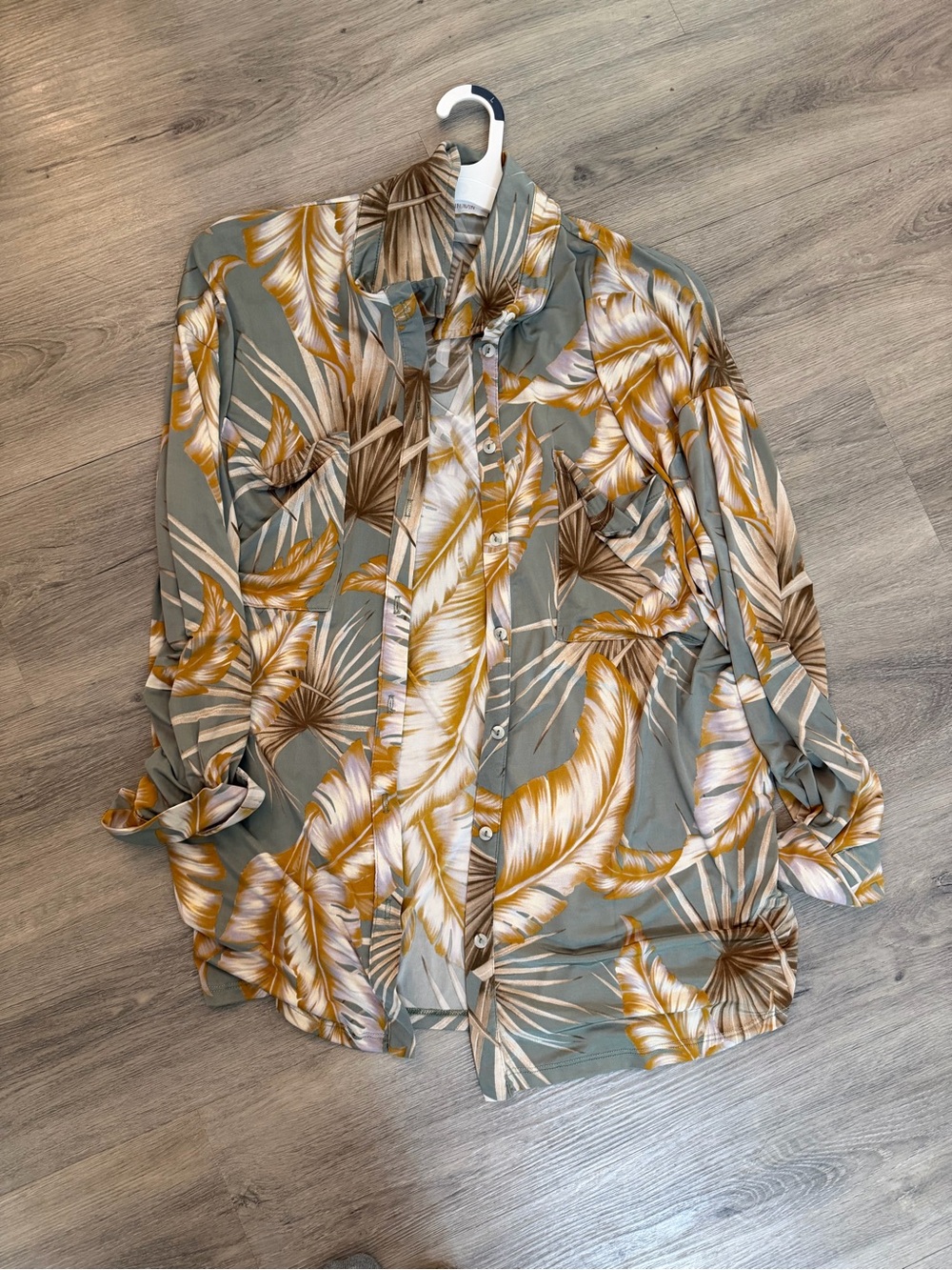 Women's Button-Down Tropical Print Shirt in Sage and Mustard